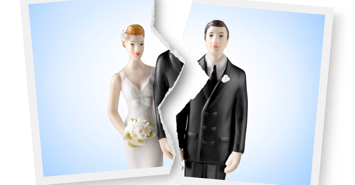 wedding couple figurines in a photograph that is split