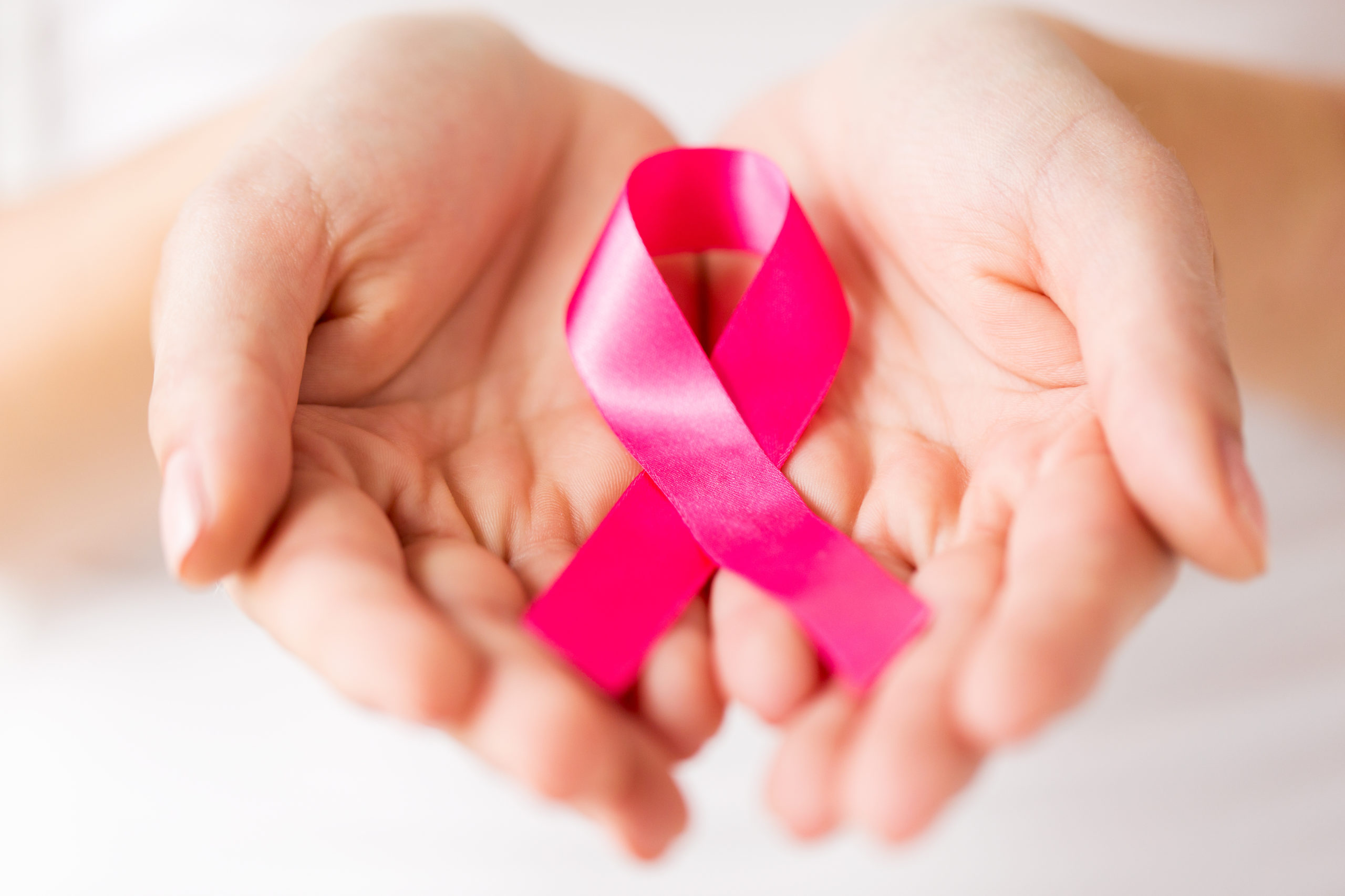 close up of woman cupped hands holding pink cancer awareness ribbon